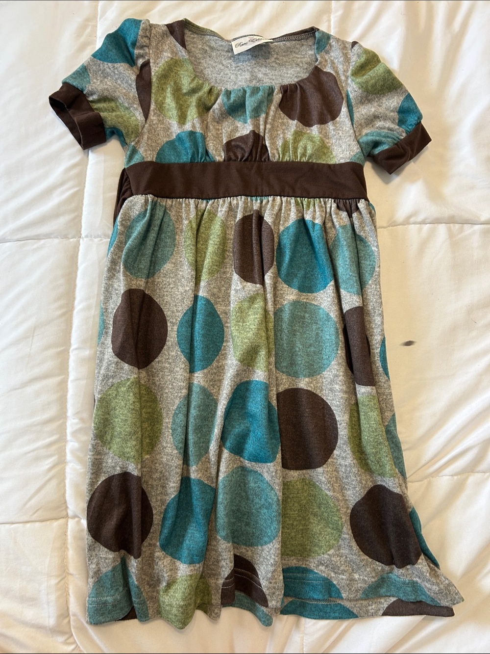 Rare Editions Girls Grey Short Sleeve Dress with Polka-dots; Teal, Brown & Green